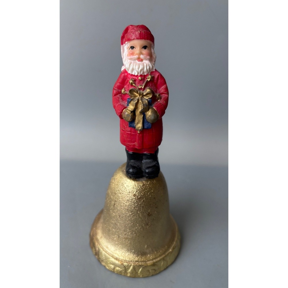 Vintage Santa Claus Figurine Cast Iron Bell‎ Gold Tone Metal Christmas Decor